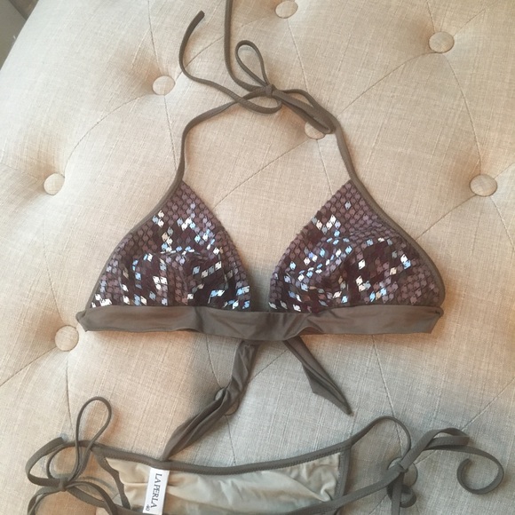 La Perla Mosaico Sequins Light Brown Triangle Bikini Top & Bottom Sz 4 US $545 - Picture 3 of 16